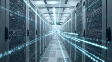 Data center server room with digital binary stream for cloud computing - Powered by Adobe