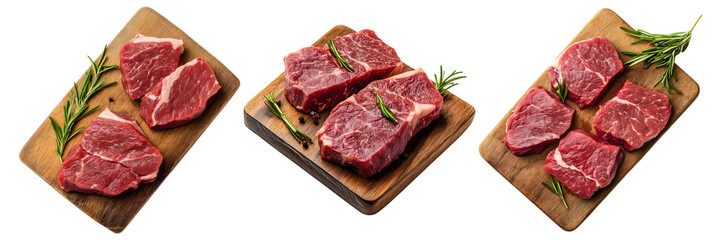 Obraz premium Three wooden boards displaying fresh raw beef cuts with rosemary sprigs arranged artistically on transparent background