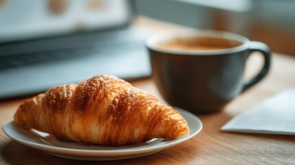 Fresh tasty croissant and a cup of coffee against the background of the workplace of a businessman, student, manager, freelancer, financial analyst, coffee time at work, remote work, stay home concept