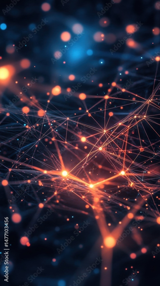 Poster abstract glowing network of orange and blue dots and lines connecting in cyberspace for technology a