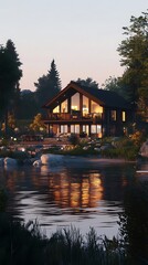 Fototapeta premium Waterside residence at dusk architectural illustration