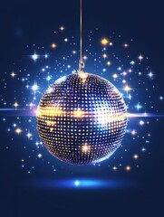Fototapeta premium Sparkling Disco Ball Suspended in Dark Blue Space with Stars and Lens Flares for Party or Celebration