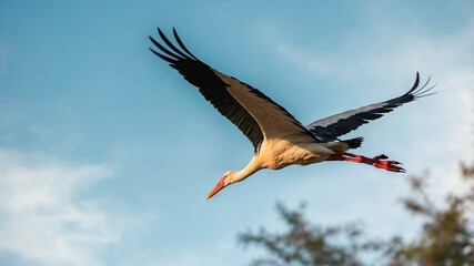 Fototapeta premium Wild animal stork in flight sky high background