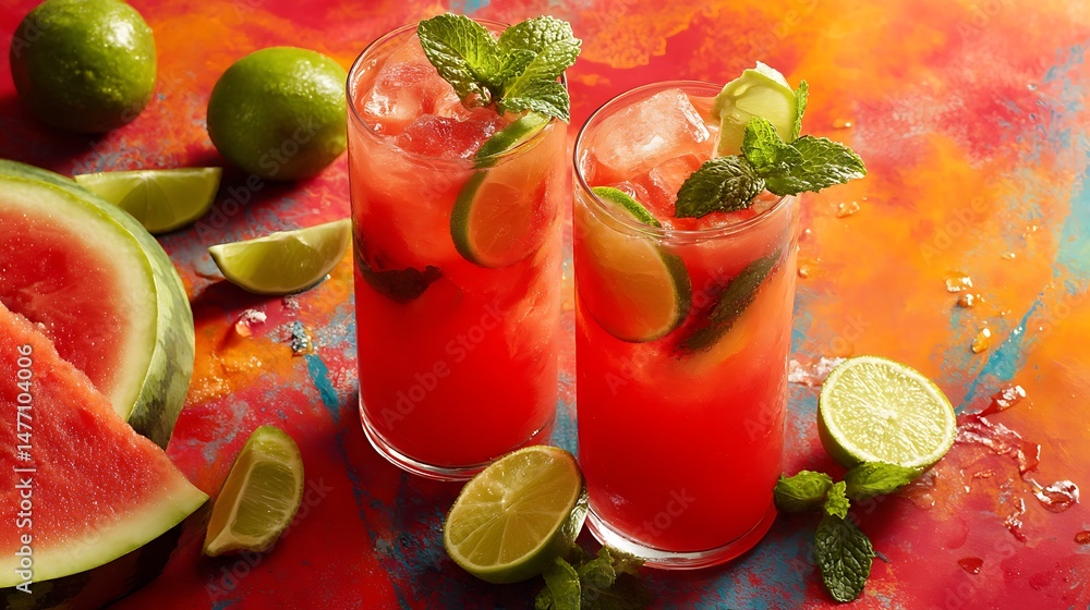 Poster Fresh watermelon lemonade garnished with lime and mint displayed on a vibrant backdrop with copy space image