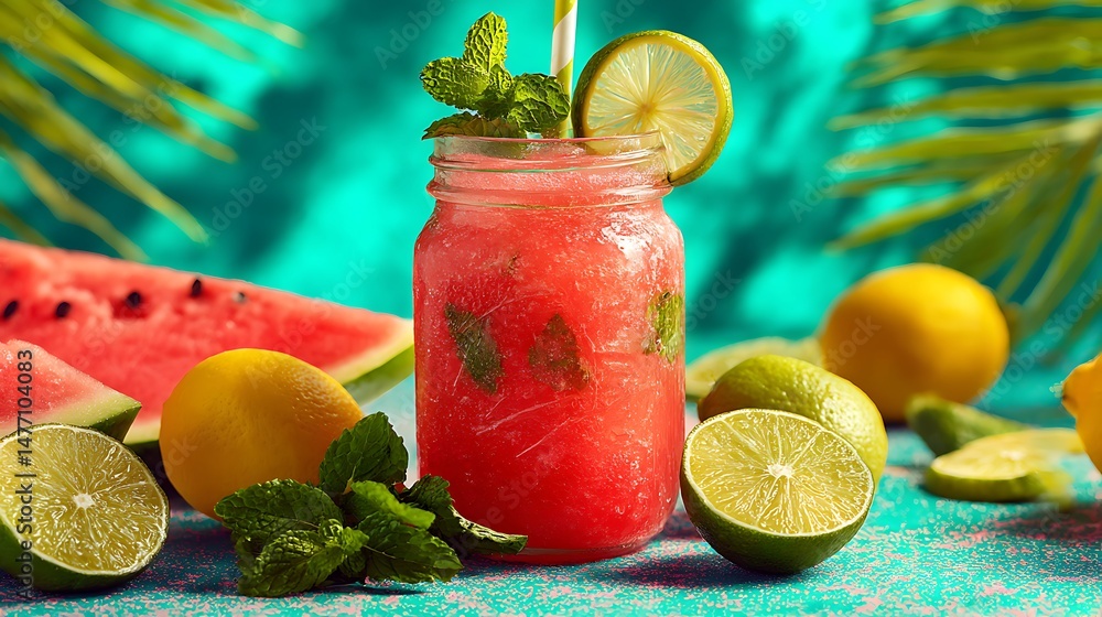 Poster Fresh watermelon lemonade garnished with lime and mint displayed on a vibrant backdrop with copy space image