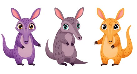 Fototapeta premium Adorable Cartoon Anteaters Illustration Set Purple, Gray, Orange