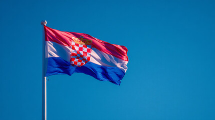 The Croatian national flag, featuring red, white, and blue with a coat of arms, waving gently...