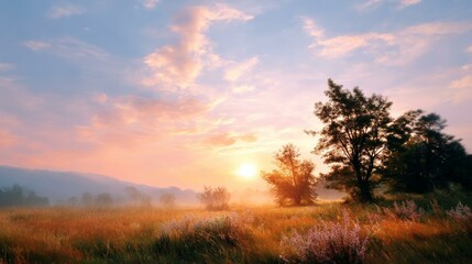 Fototapeta premium Sunrise over a Misty Meadow