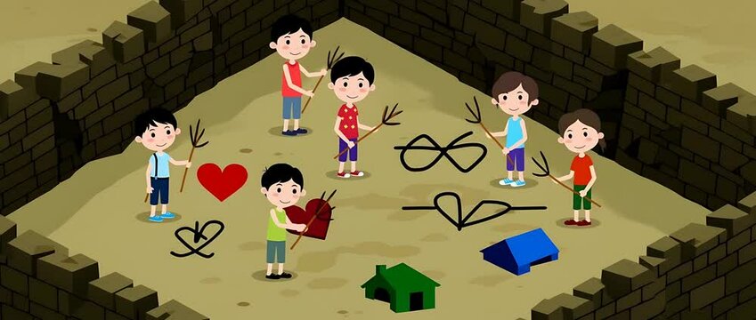 Children Playing with Sticks and Hearts in a Sandbox