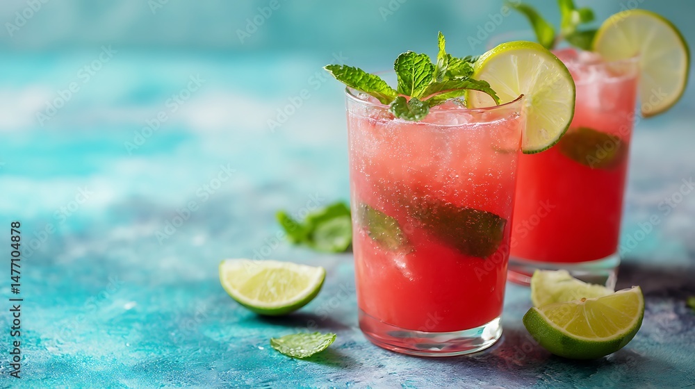 Poster Fresh watermelon lemonade garnished with lime and mint displayed on a vibrant backdrop with copy space image