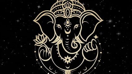 Gold ganesha illustration on black background. Lord ganesha with lotus flower for diwali hinduism traditional design. Indian culture and religion concept.