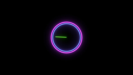Abstract neon clock icon illustration. Digital and analog clock 24 hours isolated on black background 4k illustration.

