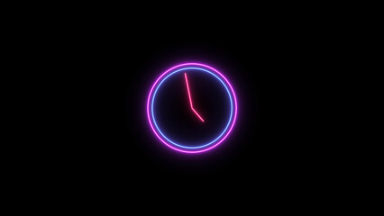 Abstract neon clock icon illustration. Digital and analog clock 24 hours isolated on black background 4k illustration.
