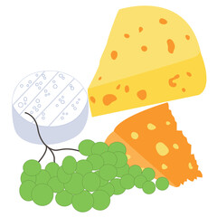 Three types of cheese of different varieties. Classic cheese with holes and a bunch of green grapes. Vector drawing on a white background.