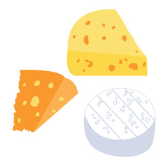Three types of cheese of different varieties. Classic cheese with holes. Vector drawing on a white background.