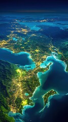 Obraz premium Aerial View of Coastal City at Night, Bright City Lights, Green Landscape, Turquoise Sea, High Angle, Beautiful