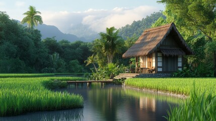 Fototapeta premium A small wooden house with a thatched roof nestled at the edge of a tranquil rice paddy, surrounded by vibrant greenery