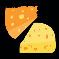 Two pieces of cheese of different varieties. Classic cheese with holes. Vector drawing on a black background.