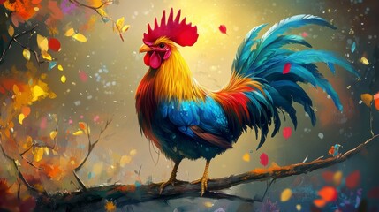 Fototapeta premium Colorful rooster perched on a branch amidst autumn leaves and falling snow.