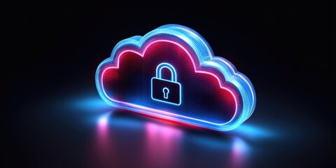 A neon glowing cloud symbol with a padlock in the center, representing secure cloud computing. Perfect for websites/blogs on cybersecurity, data storage, cloud services, technology, and IT 