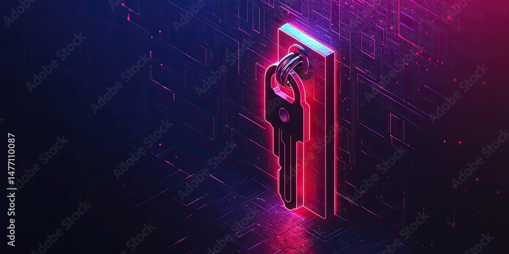 Fototapete a neon-lit keyhole with a key inserted, symbolizing access, security, or a solution. ideal for cyber
