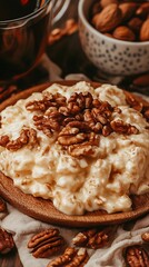 Fototapeta premium Creamy pecan breakfast, nuts, tea