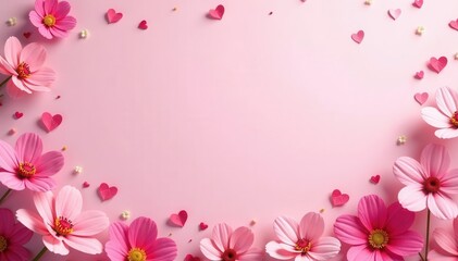 Pink flower and heart border, pastel pink backdrop , texture, flower border