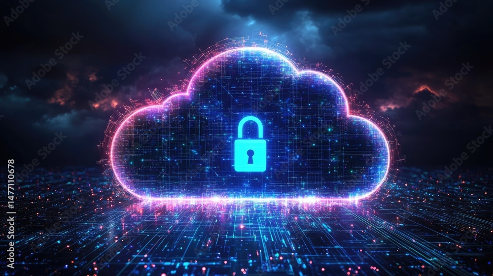 Fototapete glowing blue cloud icon with a padlock symbolizing secure cloud computing and data protection, set a
