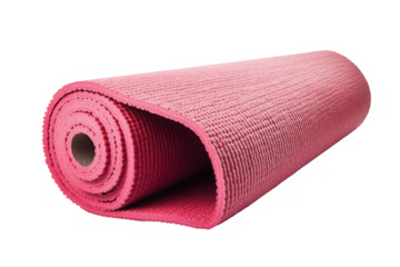 Rolled pink exercise mat on transparent background