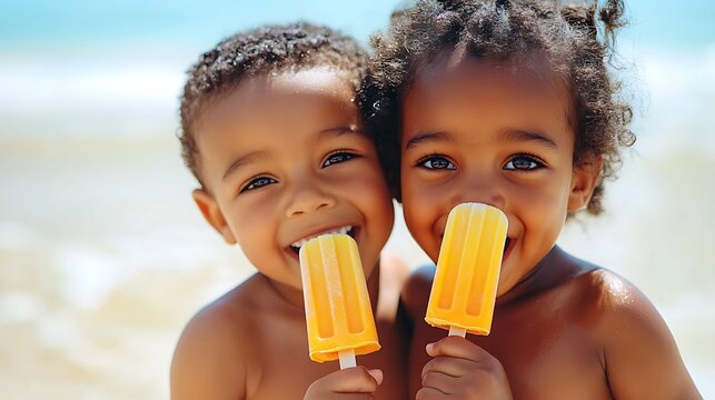 Couple of Cute happy little African american children eating ice cream popsicle on the beach. - Powered by Adobe