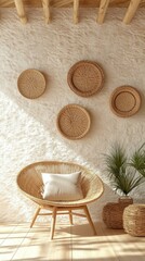 Bohemian Style Woven Chair with Decorative Baskets