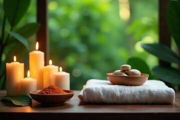 Scenic Thai spa treatment area, ready for a client Candles, salt, oils visible , massage therapy, luxury, aroma