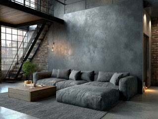 Industrial Loft Living Room with Grey Concrete Wall