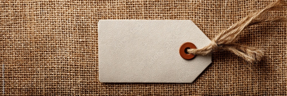 Poster gift tag resting on beige fabric texture creates a warm and inviting atmosphere for holiday presents