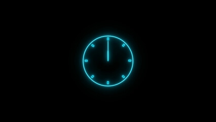 Abstract neon clock icon illustration. Digital and analog clock 24 hours isolated on black background 4k illustration.
