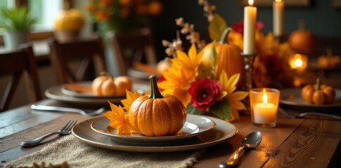 Festive autumn table, wildflowers, candles, burlap runner, table arrangement, artwork