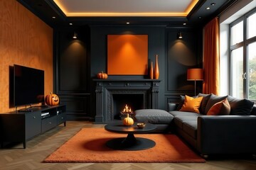 Chic apartment, Halloween themed with black, orange, & metallic accents , candle, decor