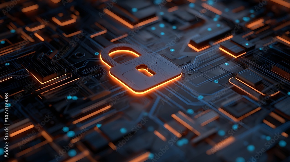 Poster Futuristic background with a padlock as a symbol of internet security and personal data protection