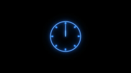 Abstract neon clock icon illustration. Digital and analog clock 24 hours isolated on black background 4k illustration.
