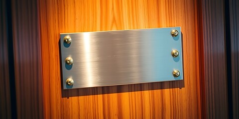 Blank brushed metal sign with golden screws attached to wooden door panel