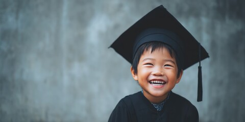 Joyful Boy in Graduation Cap Smiling Against Gray Background