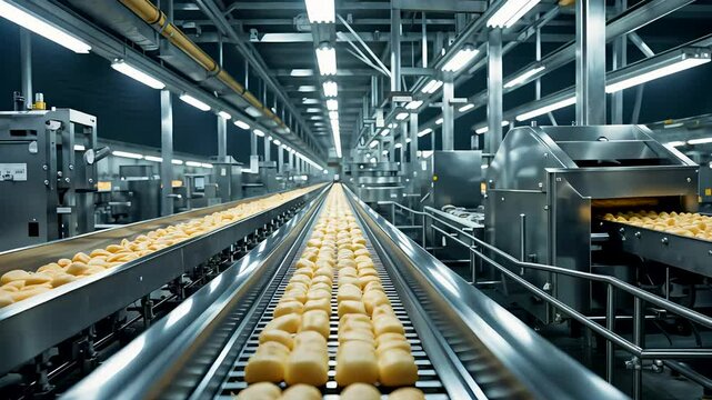 Conveyor Belt with Bread Rolls in Modern Food Production Facility