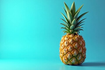 Single ripe pineapple against a bright blue backdrop; tropical feel , ocean, photo, fruit