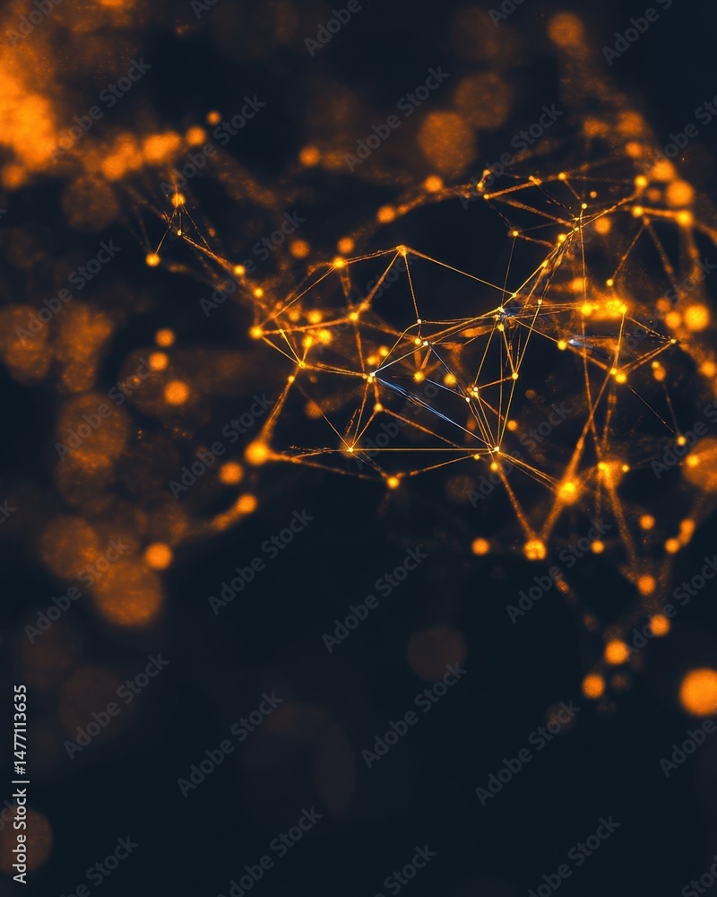 Poster abstract network of golden dots and lines connecting in a complex web on dark background close up