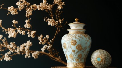 Elegant Historical Ceramic Vase with Gold and White Detailing.