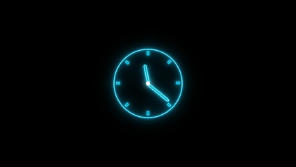 Abstract neon clock icon illustration. Digital and analog clock 24 hours isolated on black background 4k illustration.

