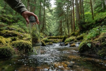 Hand pouring water from moss-filled bottle into a flowing stream within a dense forest environment
