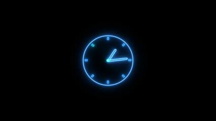 Abstract neon clock icon illustration. Digital and analog clock 24 hours isolated on black background 4k illustration.
