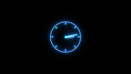 Abstract neon clock icon illustration. Digital and analog clock 24 hours isolated on black background 4k illustration.
