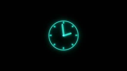 Abstract neon clock icon illustration. Digital and analog clock 24 hours isolated on black background 4k illustration.

